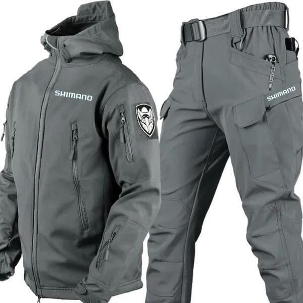 Conjunto Jaqueta Impermeável Militar com Proteção UV + Calça de Pesca Tática - Shimano MASCULINO - ROUPAS - KIT JAQUETA + CALCA 1 Lojas Quinho Cinza P